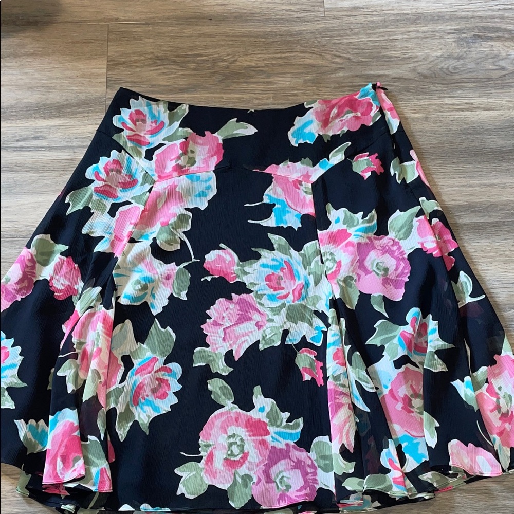 Chaps Floral Mini Skirt - Pink, Green, and Blue on Black